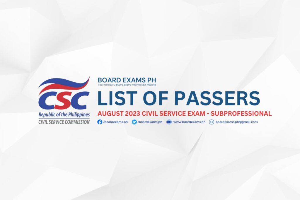 List Of Passers August Civil Service Exam Results Subprofessional Level Board Exams Ph